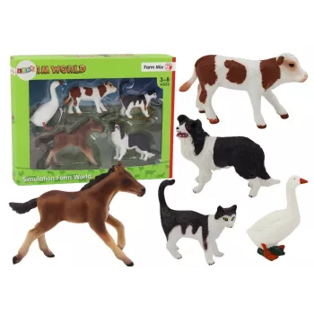 LEAN TOYS Figuren-Set Landtiere 5-teilig Pferd Kuh Katze Gans Hund