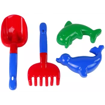 LEAN TOYS Sandzubehör 4-teiliges Sandspielzeug-Set – Schaufel, Rechen, 2 Förmchen, robustes Plastik, ab 12 Monaten