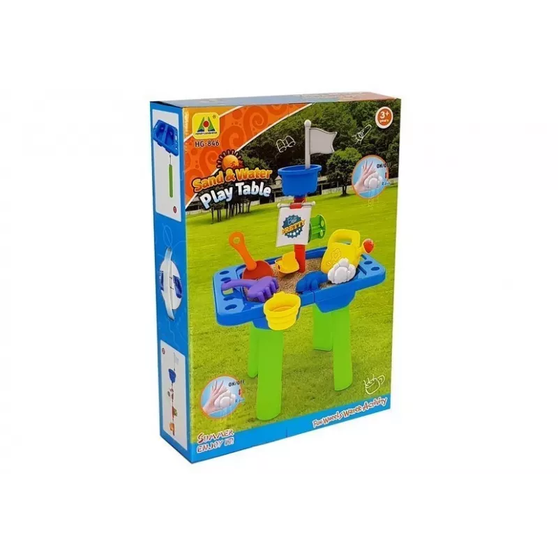 LEAN TOYS Sandkastentisch mit Förmchen, Schaufel, Rechen und Wolke - Mehrfarbig