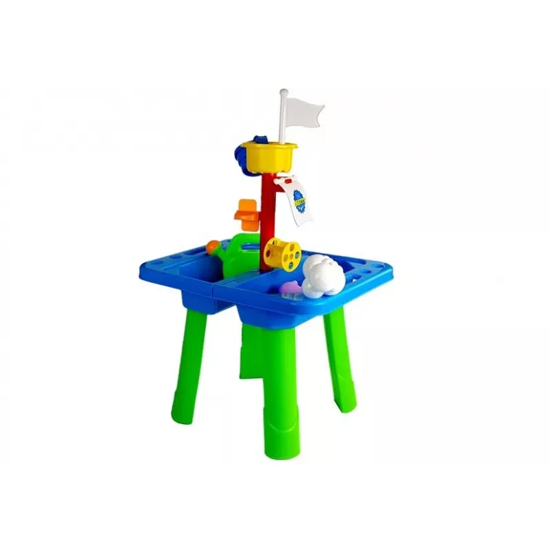 LEAN TOYS Sandkastentisch mit Förmchen, Schaufel, Rechen und Wolke - Mehrfarbig