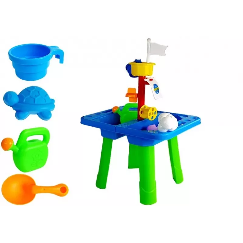 LEAN TOYS Sandkastentisch mit Förmchen, Schaufel, Rechen und Wolke - Mehrfarbig