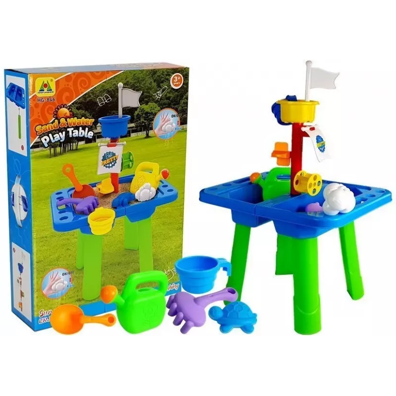 LEAN TOYS Sandkastentisch mit Förmchen, Schaufel, Rechen und Wolke - Mehrfarbig