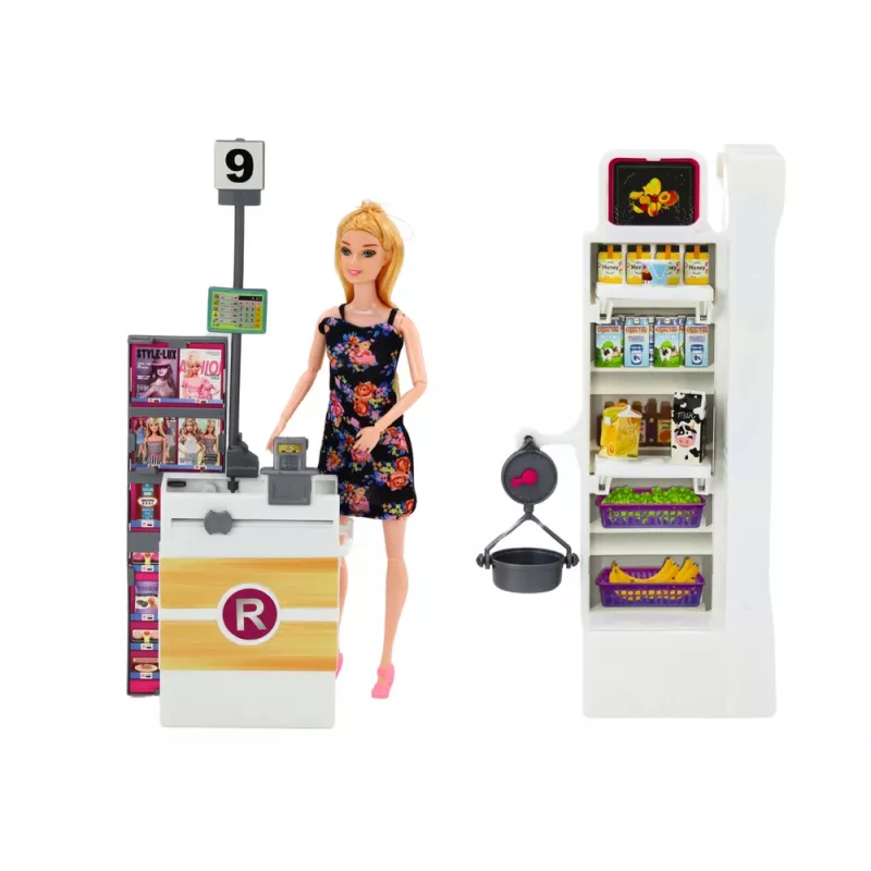LEAN TOYS Set Puppe mit Supermarktregalen, Einkaufswagen und Lebensmitteln