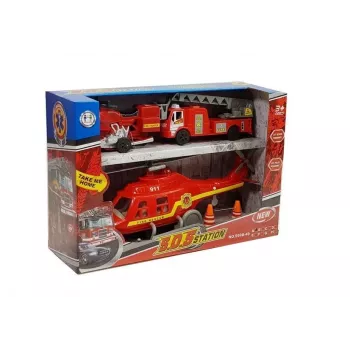 LEAN TOYS Set Feuerwehrfahrzeuge Hubschrauber Motor Licht Geräusche