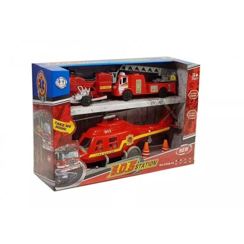 LEAN TOYS Set Feuerwehrfahrzeuge Hubschrauber Motor Licht Geräusche