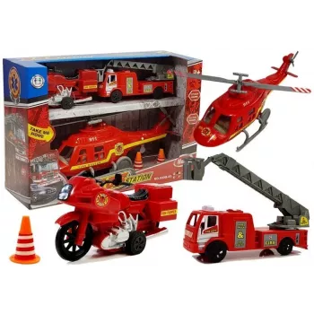 LEAN TOYS Set Feuerwehrfahrzeuge Hubschrauber Motor Licht Geräusche