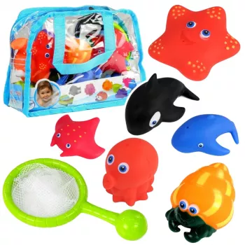 LEAN TOYS Set Meerestiere zum Baden, Gummi-Fisch-Sieb, 12 Teile