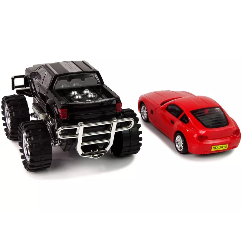 LEAN TOYS Fahrzeugset Schwarzer Monster Truck Weißer Caravan 58 cm