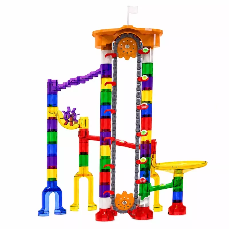 LEAN TOYS Space Track Konstruktionsbausteine 153 Teile - 3D buntes Murmelbahn-Set mit Tunneln und Bällen