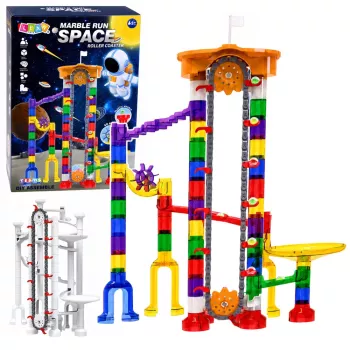 LEAN TOYS Space Track Konstruktionsbausteine 153 Teile - 3D buntes Murmelbahn-Set mit Tunneln und Bällen