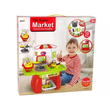 LEAN TOYS Supermarkt Set mit Einkaufskorb, Waage und Lebensmitteln