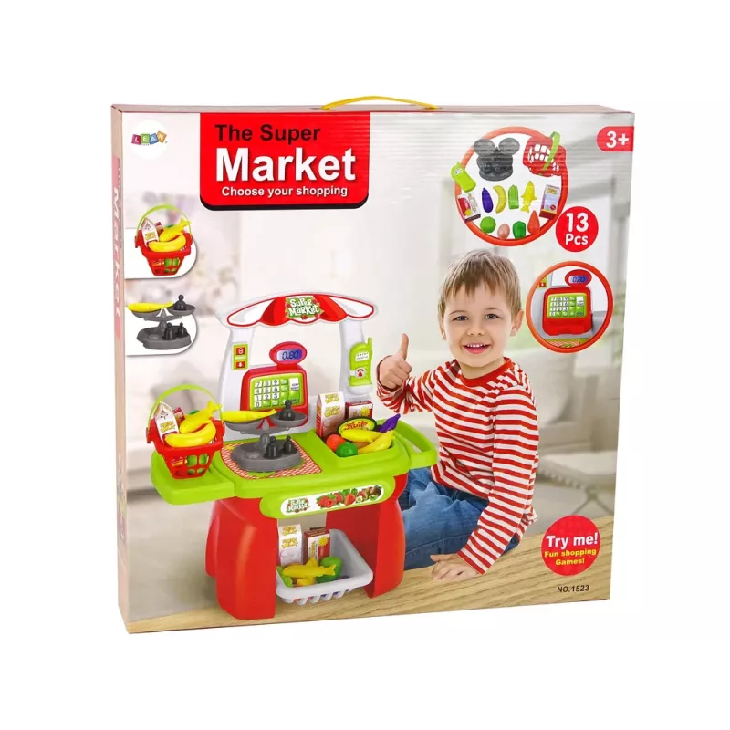 LEAN TOYS Supermarkt Set mit Einkaufskorb, Waage und Lebensmitteln