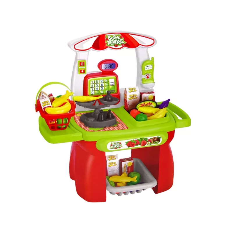 LEAN TOYS Supermarkt Set mit Einkaufskorb, Waage und Lebensmitteln