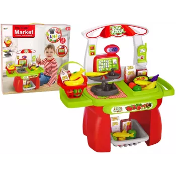 LEAN TOYS Supermarkt Set mit Einkaufskorb, Waage und Lebensmitteln