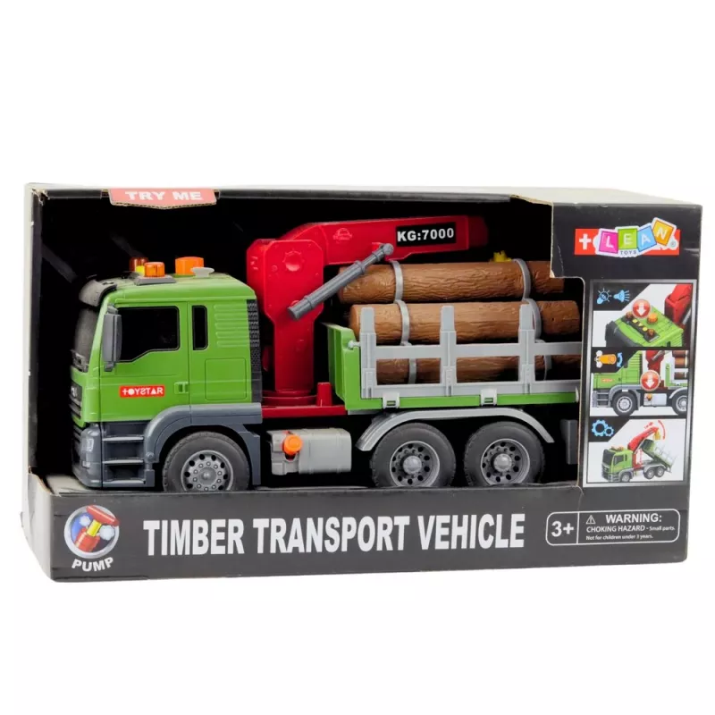 LEAN TOYS Holztransport-LKW mit Kran, Baumstämmen, Lichtern & Geräuschen – Baufahrzeug-Spielzeug