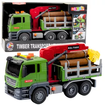 LEAN TOYS Holztransport-LKW mit Kran, Baumstämmen, Lichtern & Geräuschen – Baufahrzeug-Spielzeug