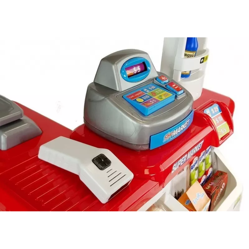 LEAN TOYS Spielzeugmarkt mit Einkaufswagen, Kasse, Scanner und Lebensmitteln