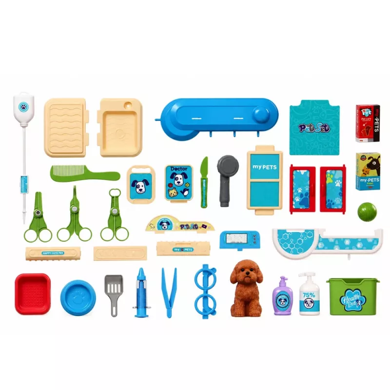 LEAN TOYS Tierarztkoffer Hundepflege-Set Braun Rollenspiel-Set mit 12 Zubehörteilen