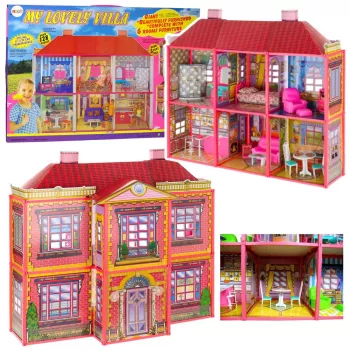 LEAN TOYS Villa Großes Puppenhaus 6 Zimmer Möbel Zubehör 128 Teile