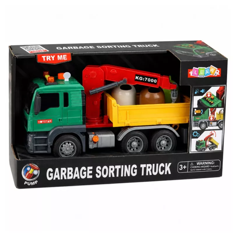 LEAN TOYS Müllsortier-LKW mit Kran, Behältern, Reibungsantrieb, Licht und Sound
