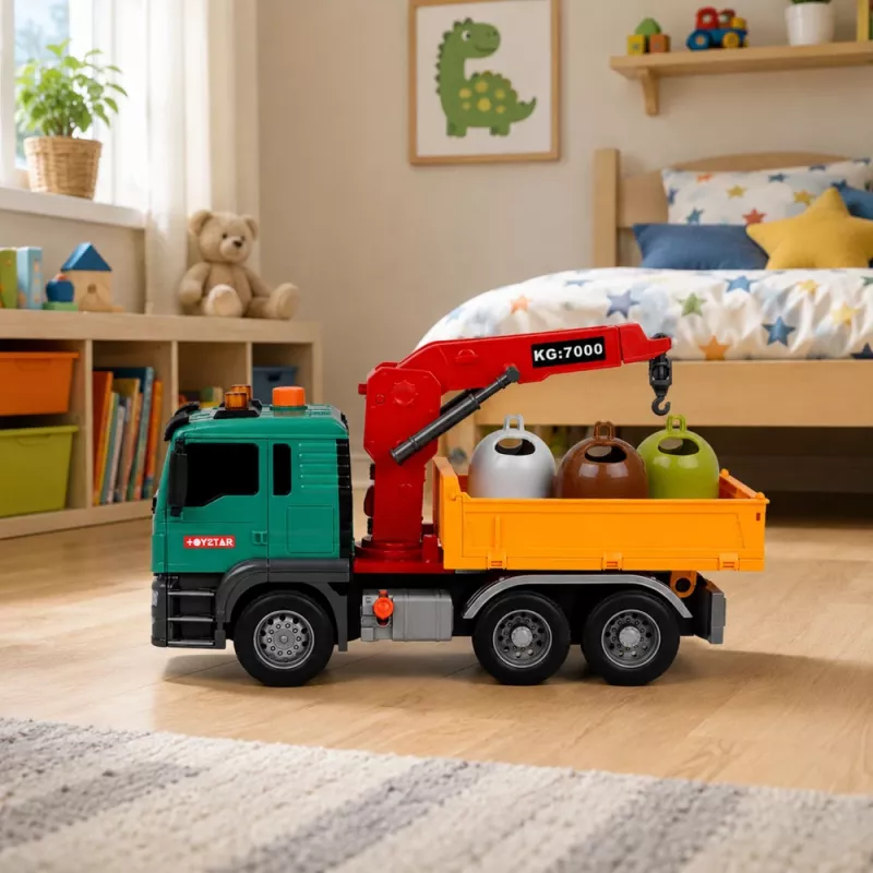 LEAN TOYS Müllsortier-LKW mit Kran, Behältern, Reibungsantrieb, Licht und Sound