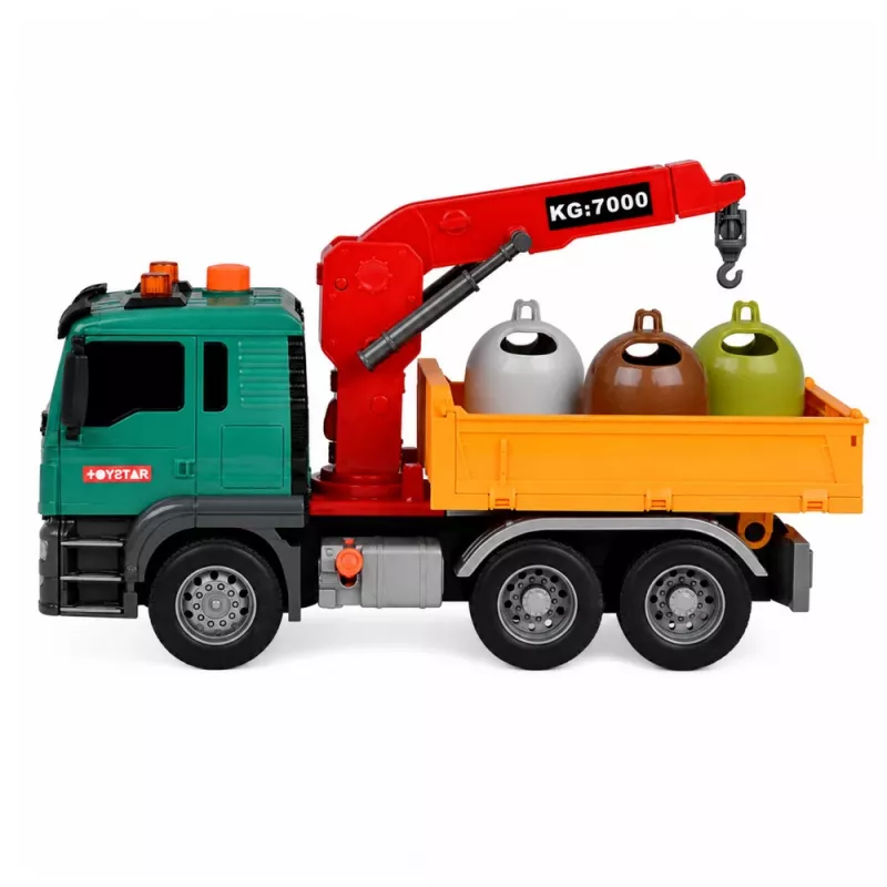 LEAN TOYS Müllsortier-LKW mit Kran, Behältern, Reibungsantrieb, Licht und Sound