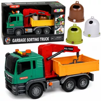 LEAN TOYS Müllsortier-LKW mit Kran, Behältern, Reibungsantrieb, Licht und Sound