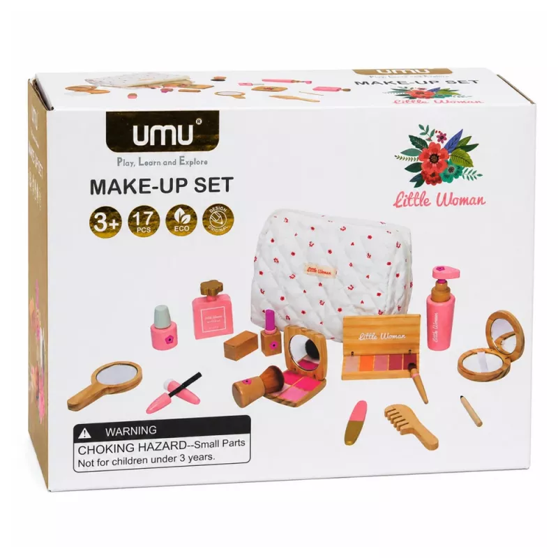 LEAN TOYS Holz-Schönheitsset für Mädchen mit weißer Kosmetiktasche, 17-teilig