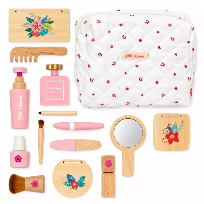 LEAN TOYS Holz-Schönheitsset für Mädchen mit weißer Kosmetiktasche, 17-teilig