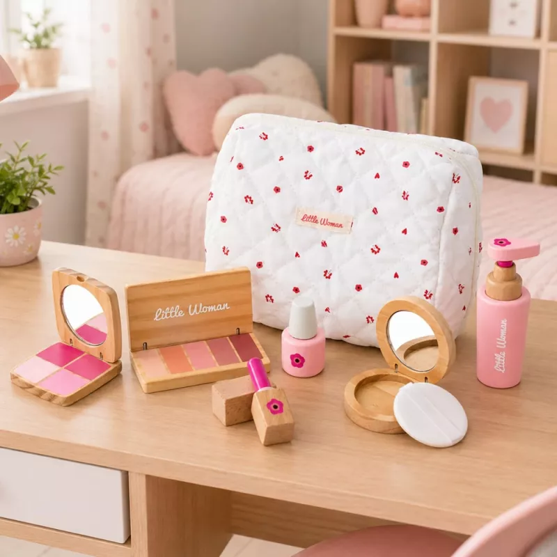 LEAN TOYS Holz-Schönheitsset für Mädchen mit weißer Kosmetiktasche, 17-teilig