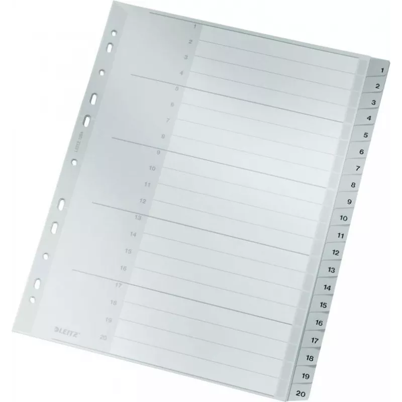 LEITZ 1284 A4 extrabreite nummerierte Registerblätter 1-20, grau, 20-teilig, Polypropylen, 0,12 mm, mit beschriftbarem Deckblatt 1284-00
