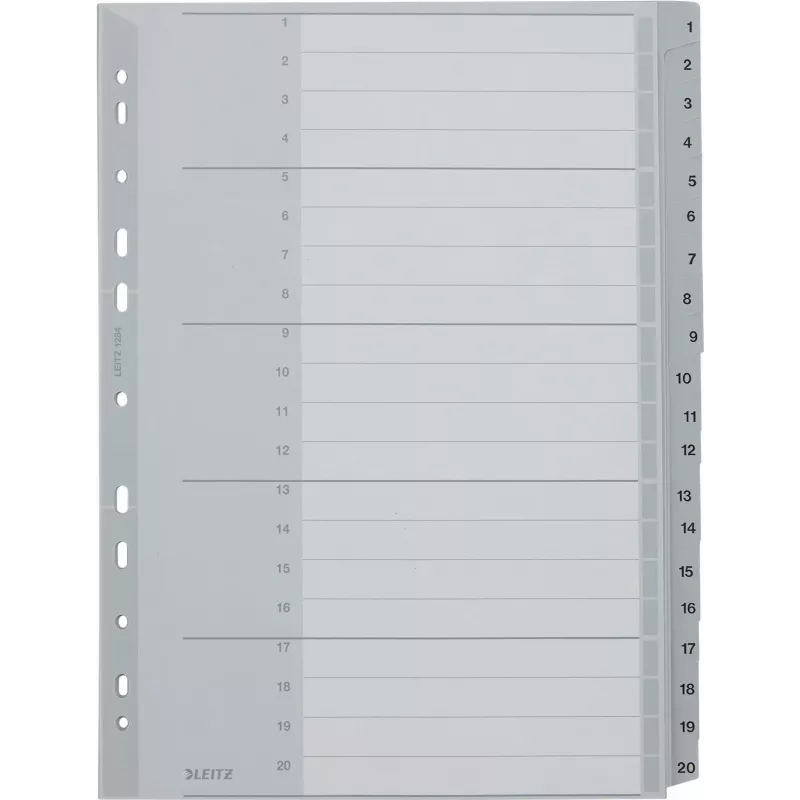 LEITZ 1284 A4 extrabreite nummerierte Registerblätter 1-20, grau, 20-teilig, Polypropylen, 0,12 mm, mit beschriftbarem Deckblatt 1284-00