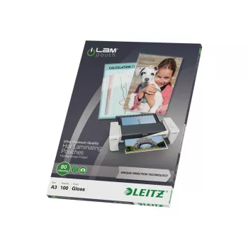 Leitz 7485-00-00 A3 Laminierfolien, glänzend kristallklar, 125 Mikron, 100er-Pack