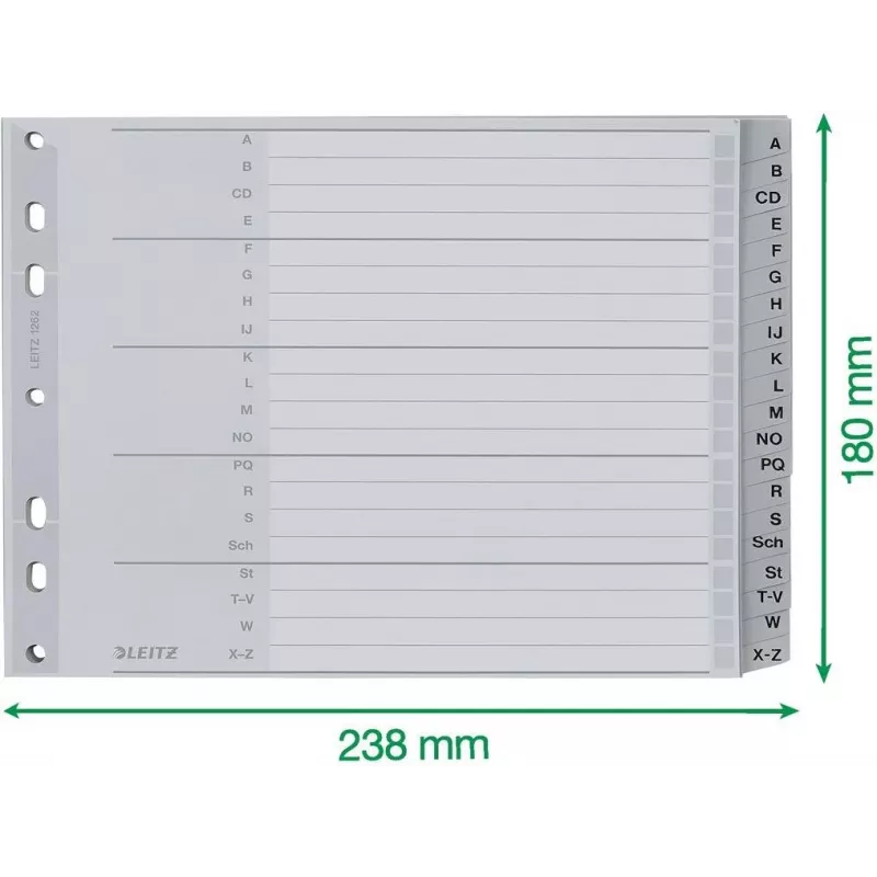Leitz A-Z Alphabetischer Register, A4, graue Kunststofftabs auf 250 g/m² Karton, 20-teilig, 11-Loch Universalstanze 1262-01-00