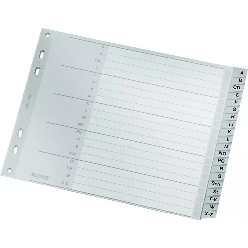 Leitz A-Z Alphabetischer Register, A4, graue Kunststofftabs auf 250 g/m² Karton, 20-teilig, 11-Loch Universalstanze 1262-01-00