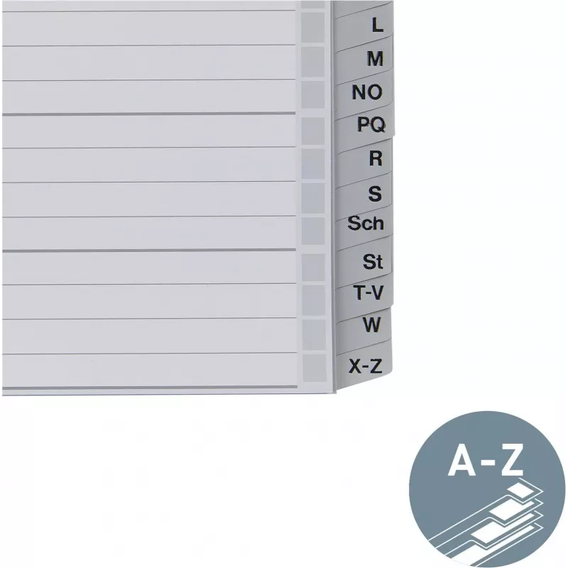 Leitz A-Z Alphabetischer Register, A4, graue Kunststofftabs auf 250 g/m² Karton, 20-teilig, 11-Loch Universalstanze 1262-01-00