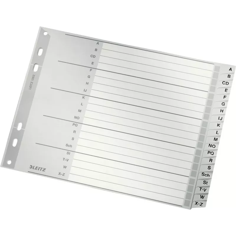 Leitz A-Z Alphabetischer Register, A4, graue Kunststofftabs auf 250 g/m² Karton, 20-teilig, 11-Loch Universalstanze 1262-01-00
