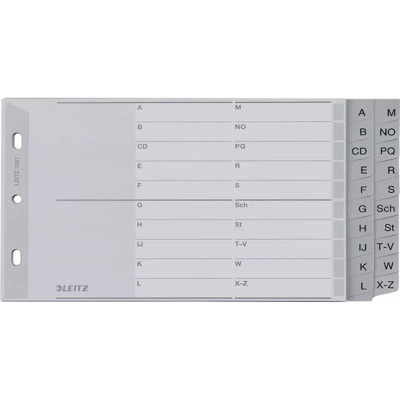 LEITZ A-Z Register, A5 Querformat, Polypropylen, Grau, 20-teilig, mit beschriftbarem Karton-Deckblatt 1267-00-00