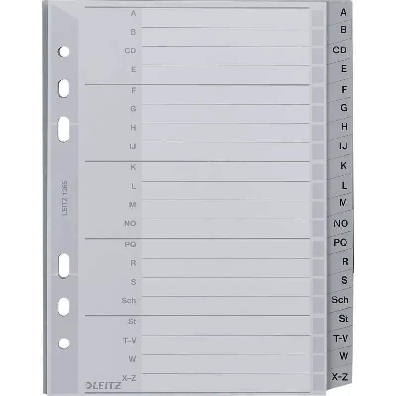 LEITZ A-Z Register A5 Polypropylen 20-teilig Grau mit beschriftbarem Karton-Deckblatt 1265-00-00