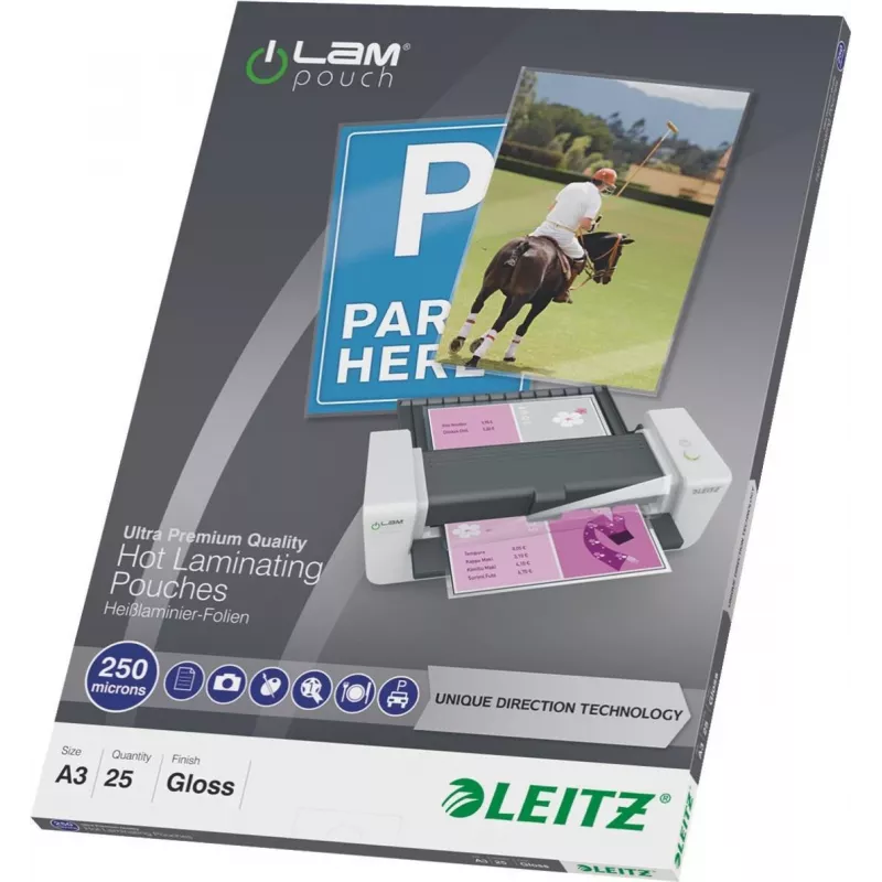 LEITZ A3 Glänzende Laminierfolien 250 Mikron Kristallklar, 25er-Pack (7491-00-00)
