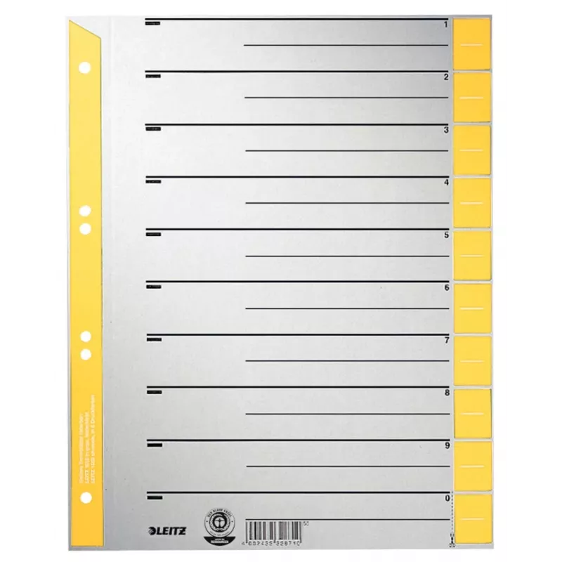 LEITZ A4 Überbreite Trennblätter aus Kraftkarton, 230 g/m², Grau mit gelben Blanko-Tabs, 10-teiliges Set 1652-00-15