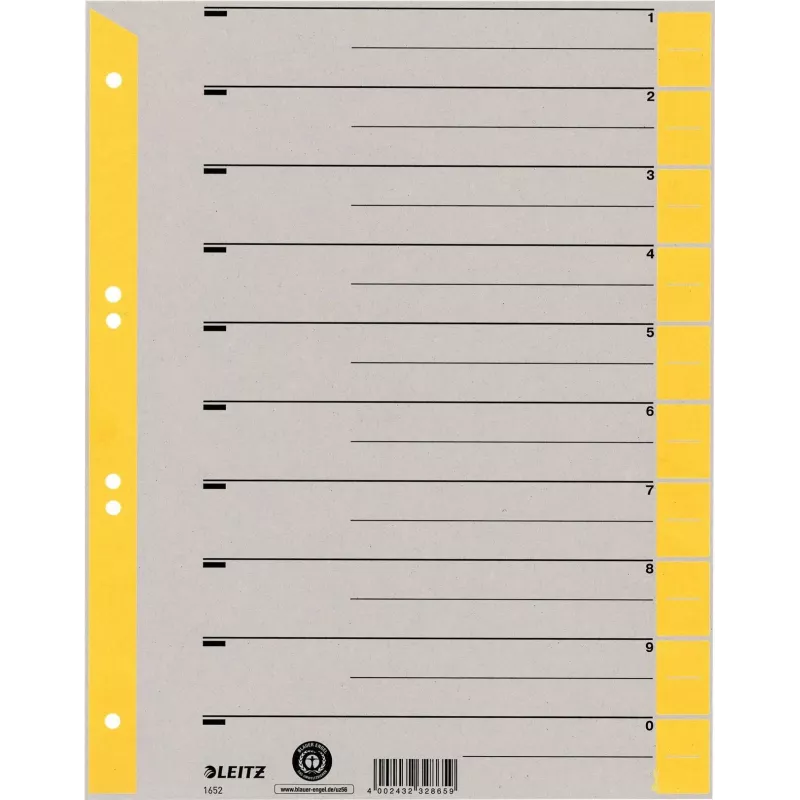 LEITZ A4 Überbreite Trennblätter aus Kraftkarton, 230 g/m², Grau mit gelben Blanko-Tabs, 10-teiliges Set 1652-00-15
