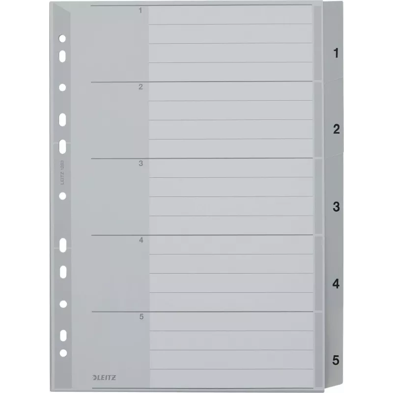 LEITZ A4 Extra Wide PP Index Dividers 1-5, Grau mit beschreibbarem Deckblatt 1283-00-85