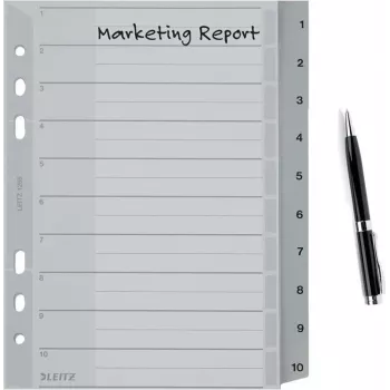 LEITZ A5 Kunststoff-Register, nummeriert 1-10, grau, 10-teilig, Polypropylen, 0,12 mm, mit beschriftbarem Deckblatt 1285-00-00
