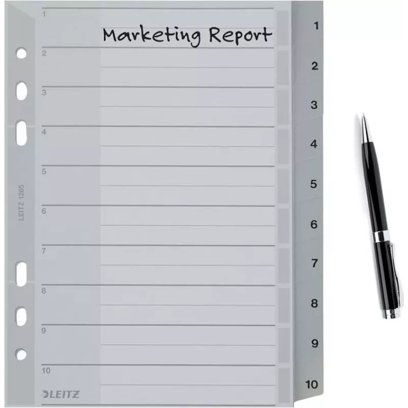 LEITZ A5 Kunststoff-Register, nummeriert 1-10, grau, 10-teilig, Polypropylen, 0,12 mm, mit beschriftbarem Deckblatt 1285-00-00