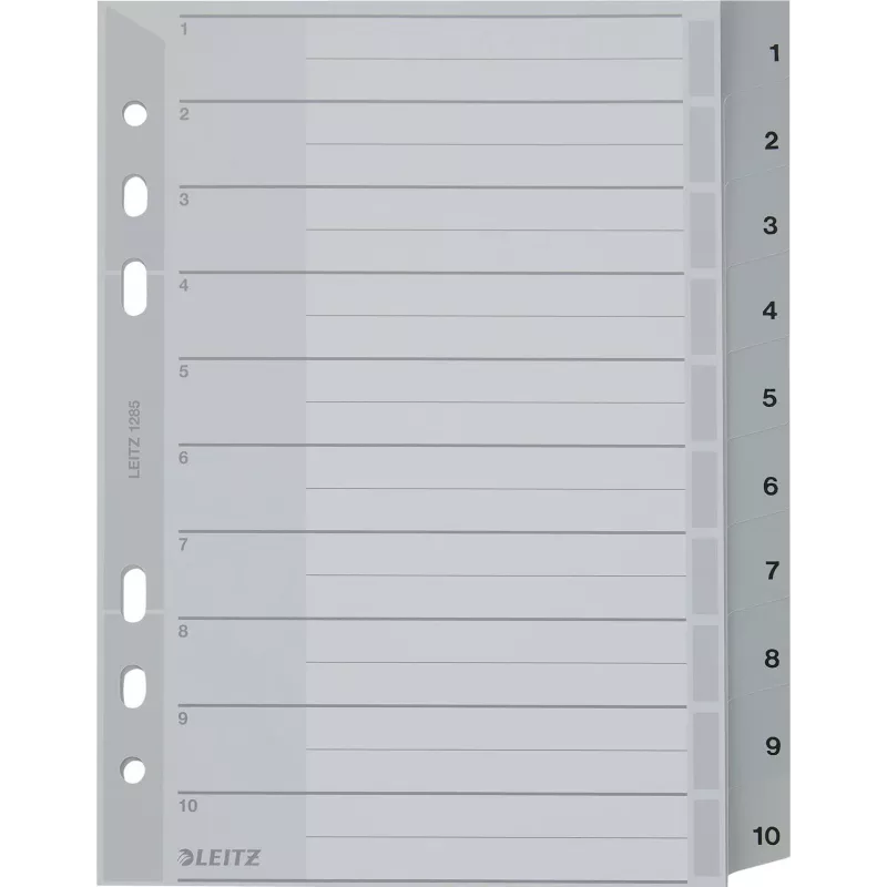 LEITZ A5 Kunststoff-Register, nummeriert 1-10, grau, 10-teilig, Polypropylen, 0,12 mm, mit beschriftbarem Deckblatt 1285-00-00