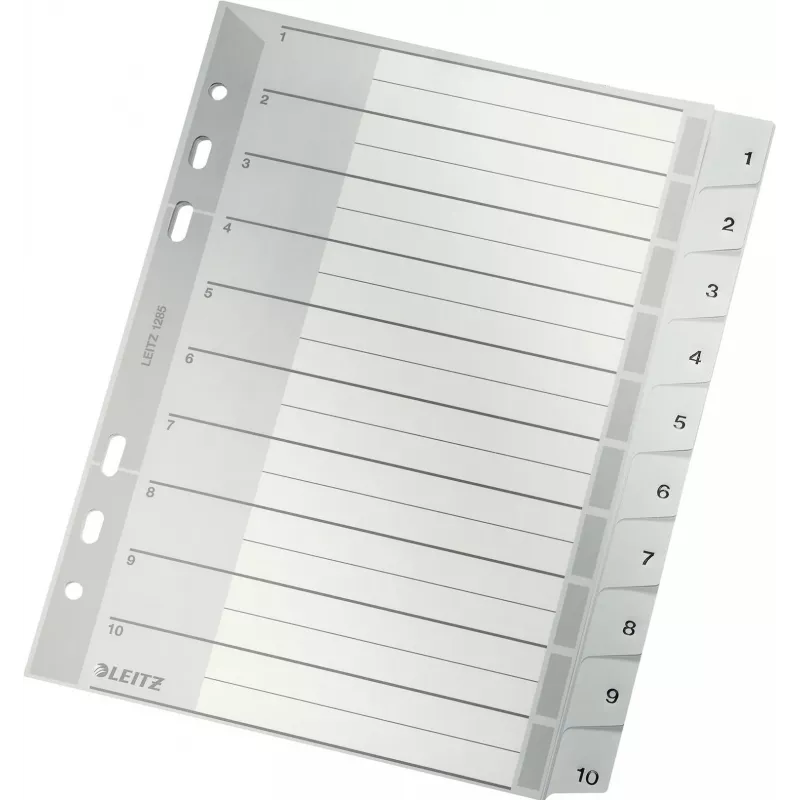 LEITZ A5 Kunststoff-Register, nummeriert 1-10, grau, 10-teilig, Polypropylen, 0,12 mm, mit beschriftbarem Deckblatt 1285-00-00
