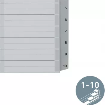 LEITZ A5 Kunststoff-Register, nummeriert 1-10, grau, 10-teilig, Polypropylen, 0,12 mm, mit beschriftbarem Deckblatt 1285-00-00