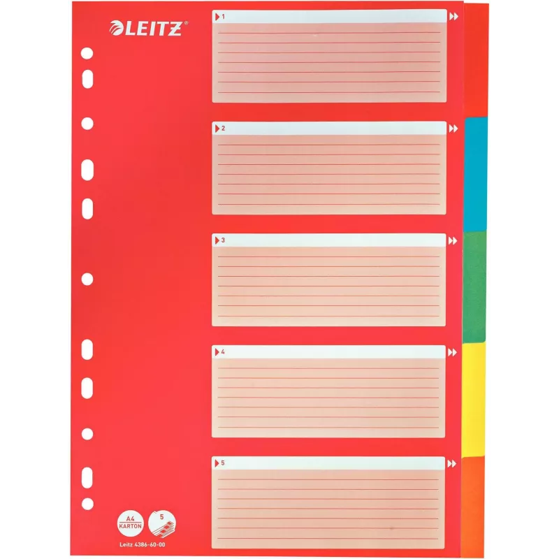 LEITZ Kartonregister, Blanko-Tabs, A4, 5-teilig, mehrfarbig, 160 g/m², mit rotem beschriftbarem Deckblatt 250 g/m² (4386-60-00)