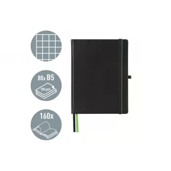 LEITZ Complete Notizbuch A5 kariert, schwarze Lederoptik, 80 Blatt elfenbeinfarbenes Papier, Gummiband, Stifthalter 4473-00-95
